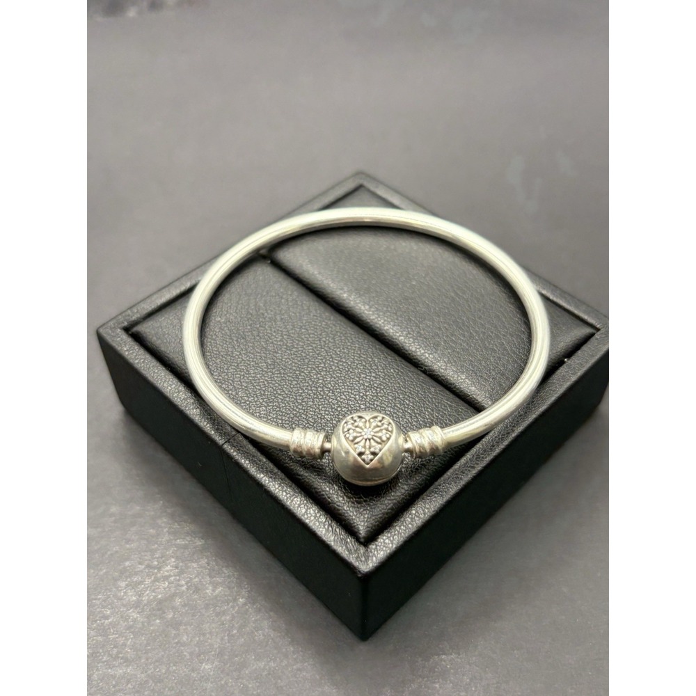 6.5" Pandora Sterling Silver Cubic Zirconia Heart Bangle Bracelet Ale 8G H20
